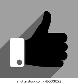 Thumb Up long shadow vector icon. Style is a flat thumb up black and white iconic symbol on a gray square background.