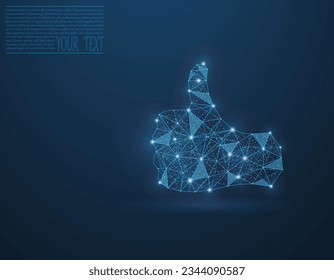 Thumb up made up of lines and dots. Thumb on a dark blue background, in a technological grid. Thumb illustration. Vector icon.