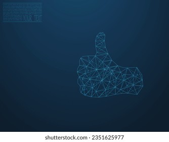 Thumb up made up of lines and dots. Thumb on a dark blue background, in a technological grid. Thumb illustration. Vector icon.