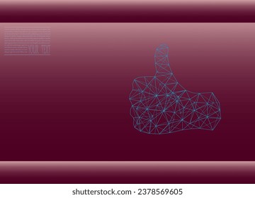 Thumb up made up of lines and dots. Thumb on a burgundy background, in a technological grid. Thumb illustration. Vector icon.