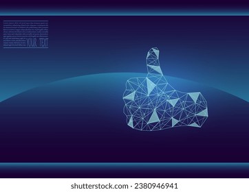 Thumb up made up of lines and dots. Thumb on a dark blue background, in a technological grid. Thumb illustration. Vector icon.