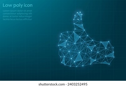 Thumb up made up of lines and dots. Thumb on a dark blue background, in a technological grid. Thumb illustration. Vector icon.