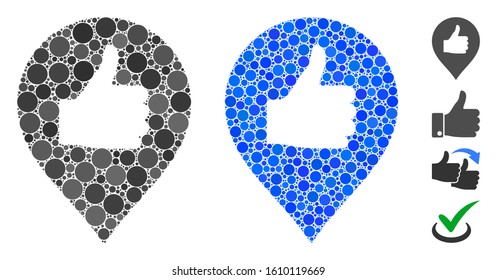 Thumb up map marker mosaic of small circles in various sizes and color tints, based on thumb up map marker icon. Vector small circles are grouped into blue mosaic.