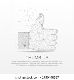 Thumb up mesh line digitally drawn low poly wire frame in black and white vector illustration.
