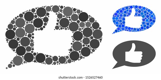 Thumb up message mosaic for thumb up message icon of circle elements in various sizes and color tones. Vector circle elements are composed into blue mosaic.