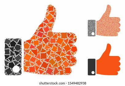 Thumb up mosaic of abrupt items in various sizes and color tinges, based on thumb up icon. Vector raggy items are organized into collage. Thumb up icons collage with dotted pattern.