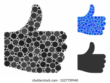 Thumb up mosaic of circle elements in different sizes and color tinges, based on thumb up icon. Vector round elements are united into blue mosaic. Dotted thumb up icon in usual and blue versions.