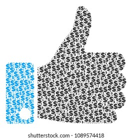 Thumb up mosaic of dollars and round spots. Vector money pictograms are organized into thumb up collage.