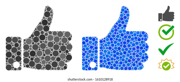 Thumb up mosaic of filled circles in various sizes and shades, based on thumb up icon. Vector filled circles are composed into blue mosaic. Dotted thumb up icon in usual and blue versions.