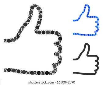 Thumb up mosaic of filled circles in various sizes and color tinges, based on thumb up icon. Vector filled circles are united into blue composition. Dotted thumb up icon in usual and blue versions.