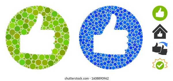 Thumb up mosaic of round dots in variable sizes and color tones, based on thumb up icon. Vector round dots are composed into blue mosaic. Dotted thumb up icon in usual and blue versions.