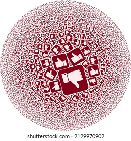 Thumb negative icons are organized into globe collection. Thumb negative icon spheric collage. Abstract spheric cluster collage is created from thumb negative icons.