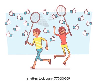 Thumb up net catching. Young people trying to get more symbols of approval, signs of internet audience encouragement for social media profile. Vector business concept line art illustration