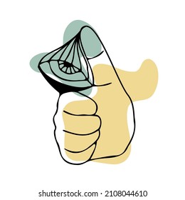 Tira hacia arriba OK dedo gesto de dedo gordo arriba sig y ojo mágico en puntos abstractos ilustración vectorial de fondo