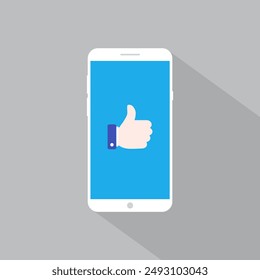 Thumb up on phone screen icon in flat style. Like concept