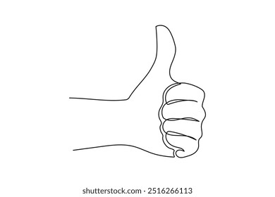 Thumb up in one continuous line drawing. Hand showing like and great sign in simple linear style. Finger up symbol in editable stroke. Doodle oneline vector illustration