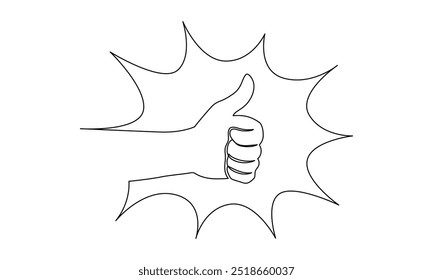 Thumb up in one continuous line drawing. Hand showing like and great sign in simple linear style. Finger up symbol in editable stroke. Doodle outline vector illustration