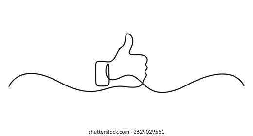 Pulgar hacia arriba en un dibujo de línea continua. Mano que muestra como y gran estilo lineal simple Iniciar sesión. Símbolo de dedo hacia arriba arte de una sola línea. Doodle Ilustración vectorial
