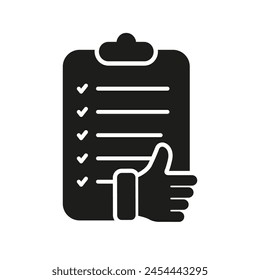 Thumb Up And Paper Document Silhouette Icon. Approve Business Agreement Glyph Pictogram. Customer Positive Feedback Symbol. Confirmation Solid Sign. Isolated Vector Illustration.