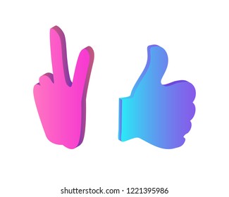 Thumb up and peace sign isolated icons set vector. Hand gestures used in social network chatting. Designed hands to express agreement and victory