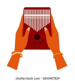 Thumb Piano kalimba 17 keys. Mbira. Woman's hands hold a musical instrument. Finger pocket portable piano. A vector illustration on a white background.