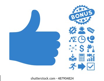 Thumb Up pictograph with bonus pictograph collection. Vector illustration style is flat iconic symbols, cobalt color, white background.