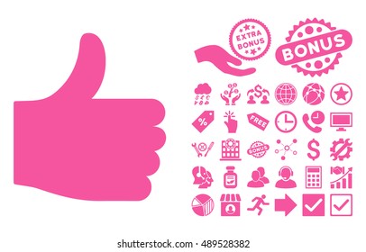 Thumb Up pictograph with bonus pictograph collection. Vector illustration style is flat iconic symbols, pink color, white background.