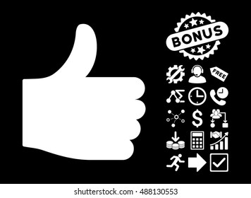 Thumb Up pictograph with bonus images. Vector illustration style is flat iconic symbols, white color, black background.