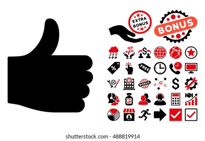 Thumb Up pictograph with bonus pictogram. Vector illustration style is flat iconic bicolor symbols, intensive red and black colors, white background.