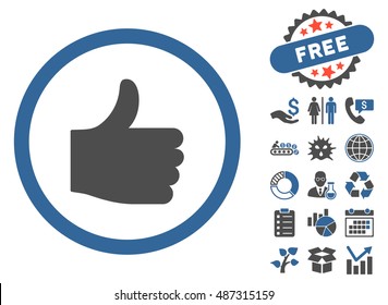 Thumb Up pictograph with free bonus clip art. Vector illustration style is flat iconic bicolor symbols, cobalt and gray colors, white background.