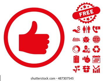 Thumb Up pictograph with free bonus elements. Vector illustration style is flat iconic symbols, red color, white background.