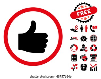 Thumb Up pictograph with free bonus icon set. Vector illustration style is flat iconic bicolor symbols, intensive red and black colors, white background.