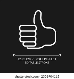 Thumb up pixel perfect white linear icon for dark theme. Showing positive attitude with gesture. Like for service rating. Thin line illustration. Isolated symbol for night mode. Editable stroke