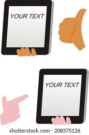 Thumb up and pointing finger to tablet pc. 