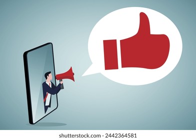 Thumb up pointing, positive feedback on internet. Rating, evaluation, success, feedback, review, quality and management concept.