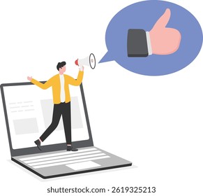 Thumb up pointing, positive feedback on internet. Rating, evaluation, success, feedback, review, quality and management concept.

