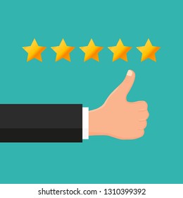 Thumb up pointing at positive five star feedback. Rating, evaluation, success, feedback, review, quality and management concept. Vector illustration EPS10