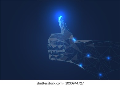 Thumb up polygonal background. Polygonal Space Background with Connecting Dots and Lines. Global Business Concept. Technological Connectivity.