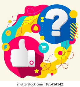 Thumb up and question mark on abstract colorful splashes background with different icon and elements. Flat design for the web, print, banner, advertising.