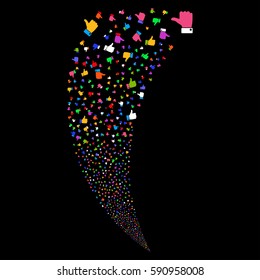 Thumb Up random fireworks stream. Vector illustration style is flat bright multicolored iconic symbols on a black background. Object fountain made from scattered pictograms.