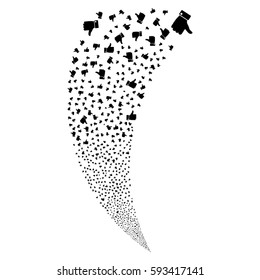 Thumb Up random fireworks stream. Vector illustration style is flat black iconic symbols on a white background. Object fountain created from scattered symbols.
