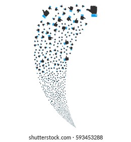 Thumb Up random fireworks stream. Vector illustration style is flat blue and gray iconic symbols on a white background. Object fountain done from scattered symbols.