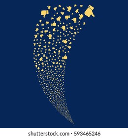 Thumb Up random fireworks stream. Vector illustration style is flat yellow iconic symbols on a blue background. Object fountain made from scattered pictographs.