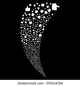 Thumb Up random fireworks stream. Vector illustration style is flat white iconic symbols on a black background. Object fountain created from scattered pictograms.