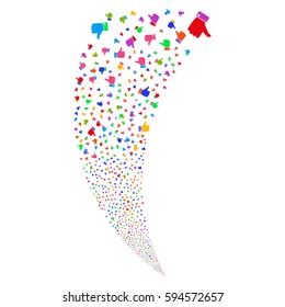Thumb Up random fireworks stream. Vector illustration style is flat bright multicolored iconic symbols on a white background. Object fountain constructed from scattered design elements.