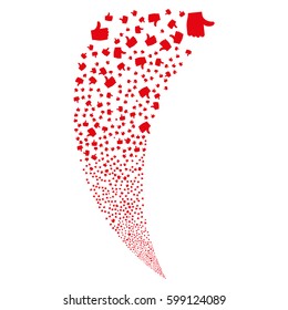 Thumb Up random fireworks stream. Vector illustration style is flat red iconic symbols on a white background. Object fountain combined from scattered symbols.