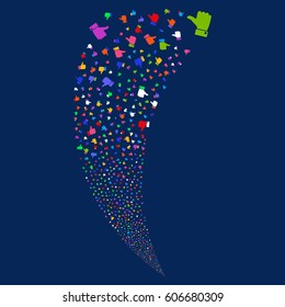 Thumb Up random fireworks stream. Vector illustration style is flat bright multicolored iconic symbols on a blue background. Object fountain constructed from scattered icons.
