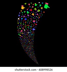 Thumb Up random fireworks stream. Vector illustration style is flat bright multicolored iconic symbols on a black background. Object fountain made from scattered pictographs.