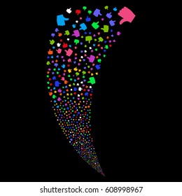 Thumb Up random fireworks stream. Vector illustration style is flat bright multicolored iconic symbols on a black background. Object fountain organized from scattered pictographs.