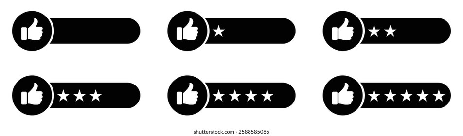 Thumb up rating bars showing one to five star levels representing like, review, score, vote and feedback status in a clean icon style.